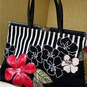 Isabella Fiore Black and Red Floral  Sequined Handle/Shoulder Bag